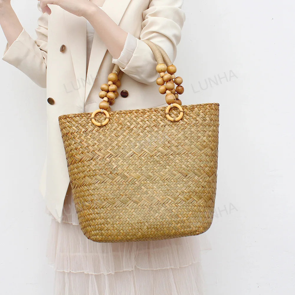BEADED HANDLE STRAW NATURAL BAG