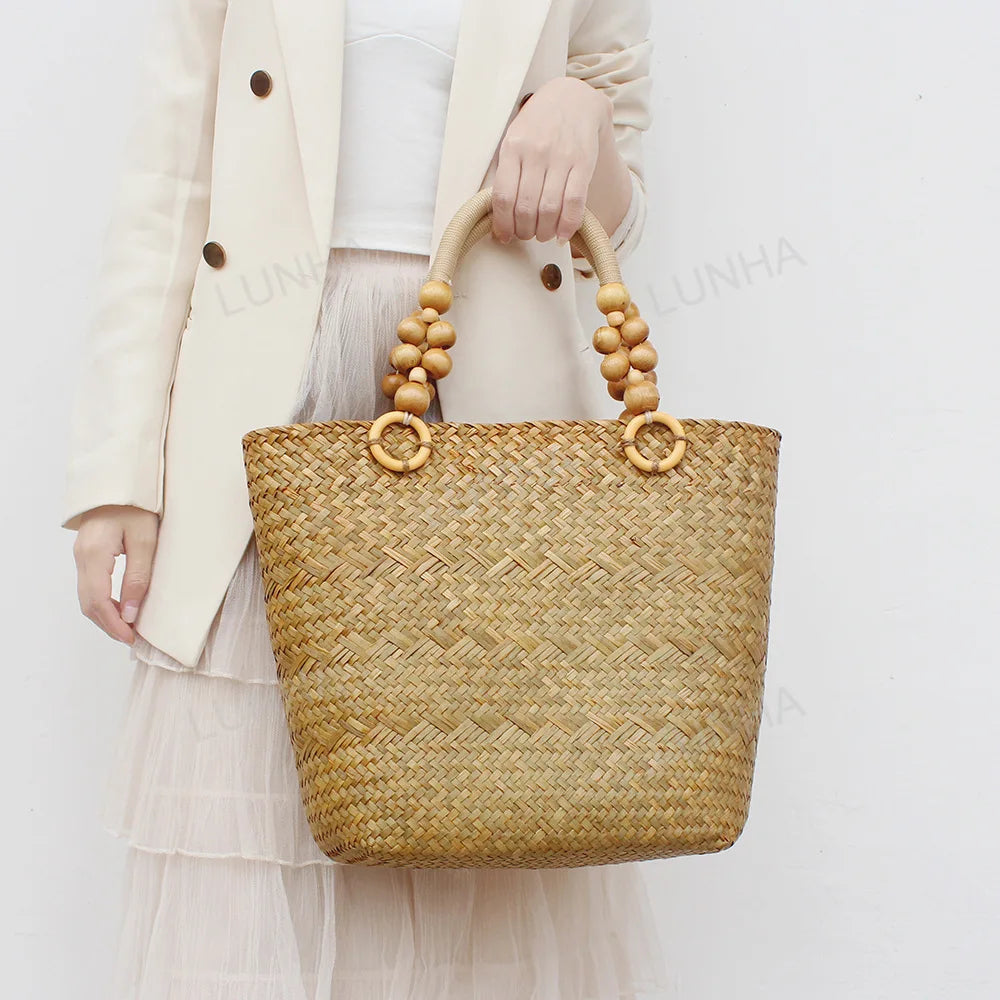 BEADED HANDLE STRAW NATURAL BAG