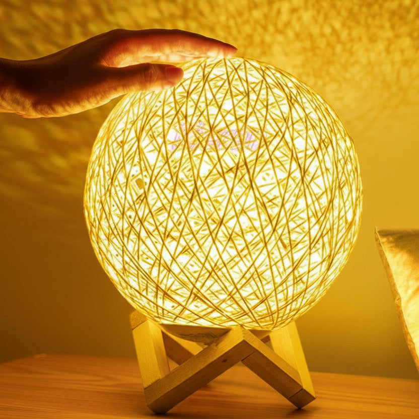 Hand holding a spherical woven lamp emitting a warm glow against a soft background