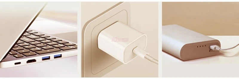 Three images showing a USB device being plugged into a laptop, a close-up of the connection, and the USB device on a surface.
