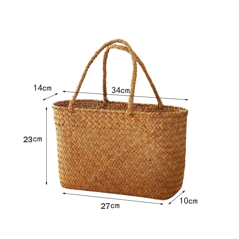 Woven basket with dimensions marked on a white background