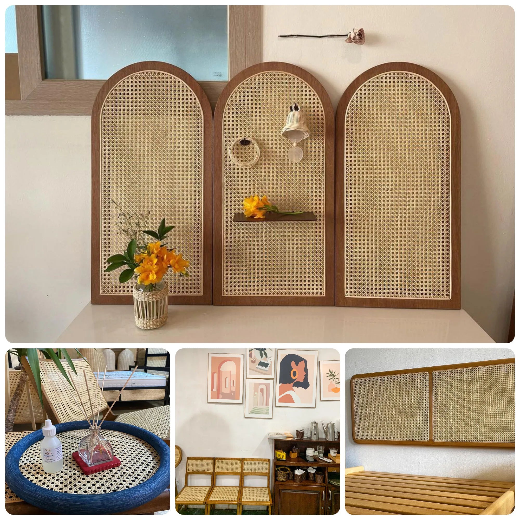 Woven wall panels with decorative items and furniture in a room setting with rattan web design accent