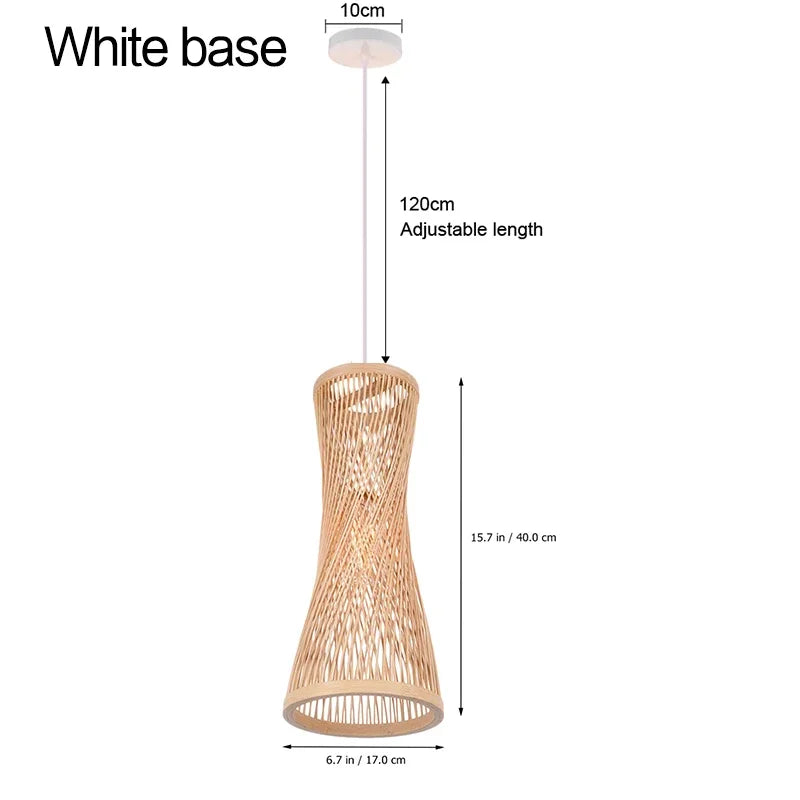 Woven pendant light with dimensions on a white background