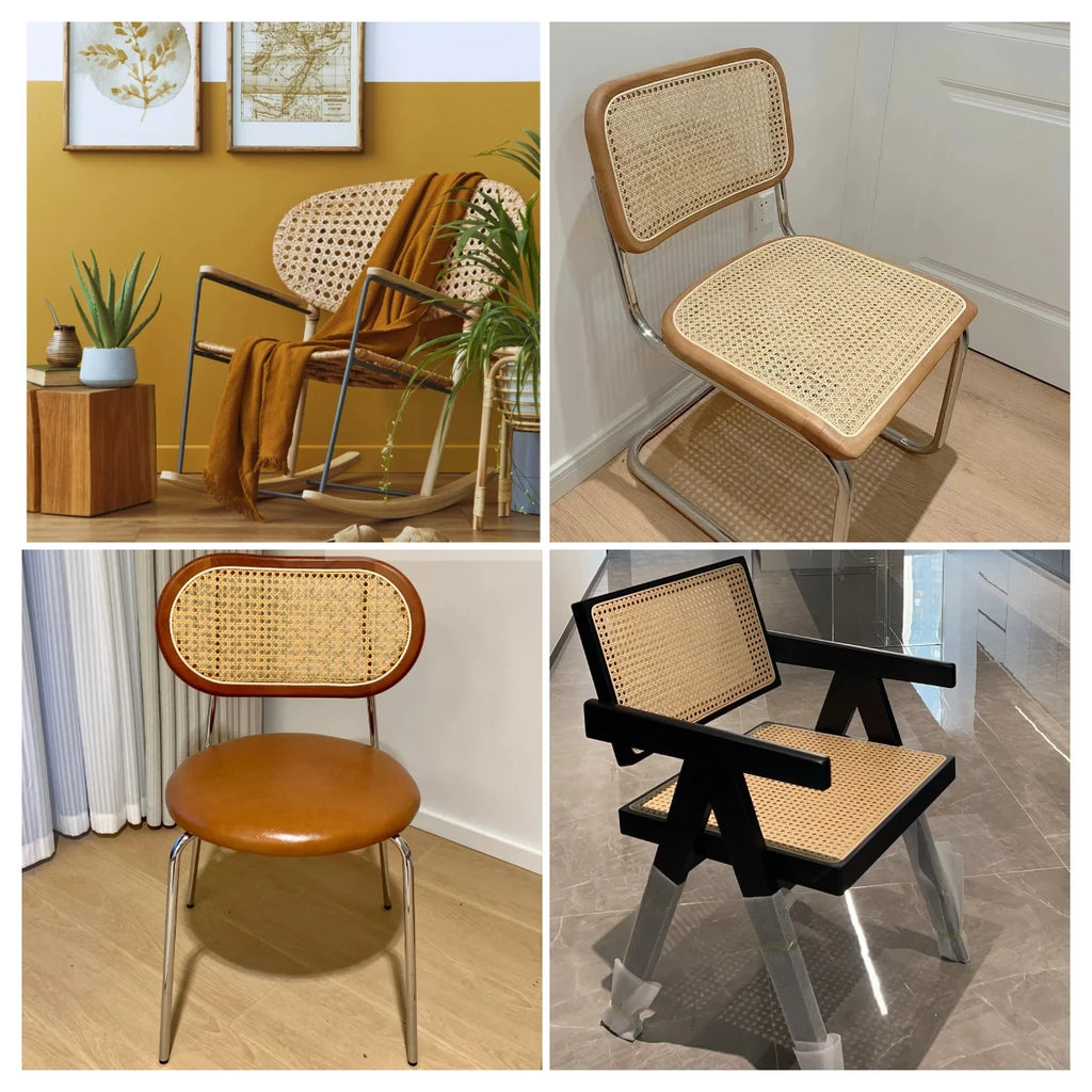 Collage of four different chairs with wicker rattan backrests and seats.