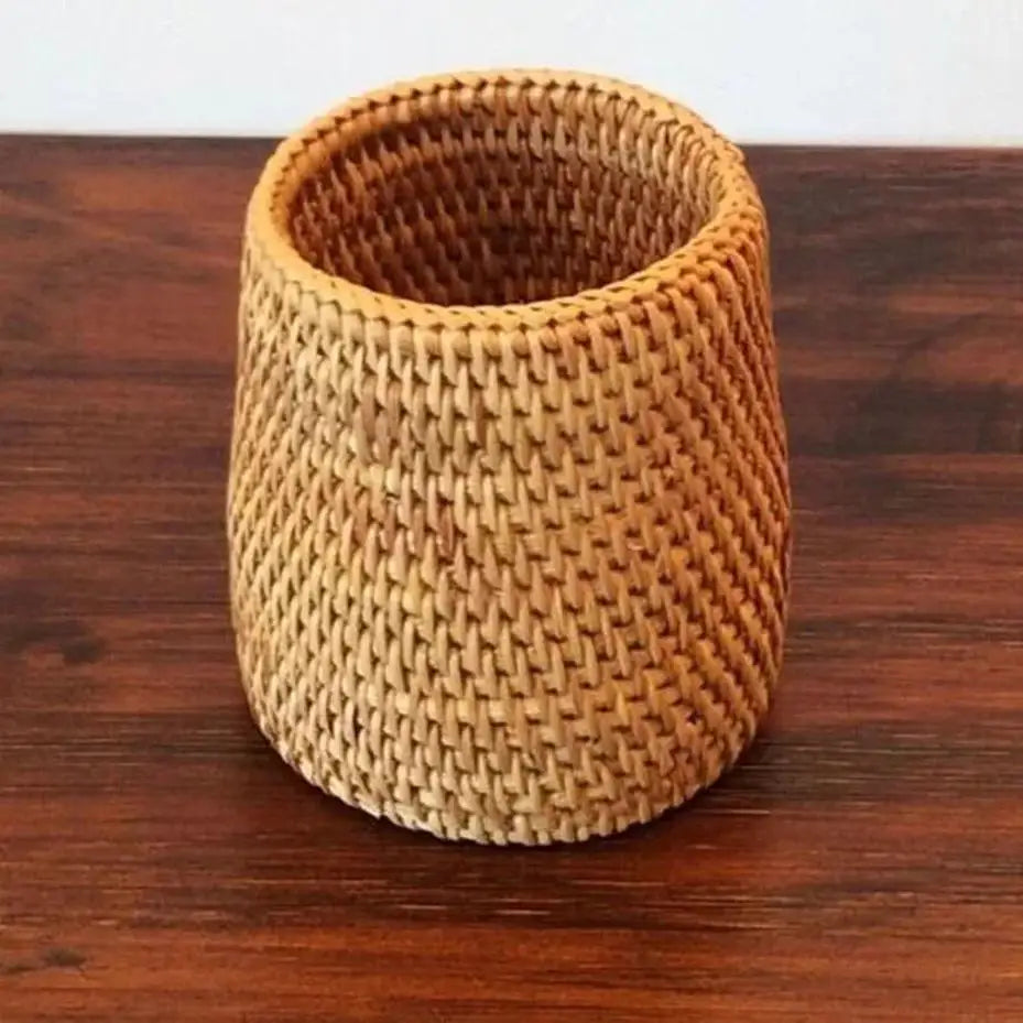 Woven basket on a wooden surface