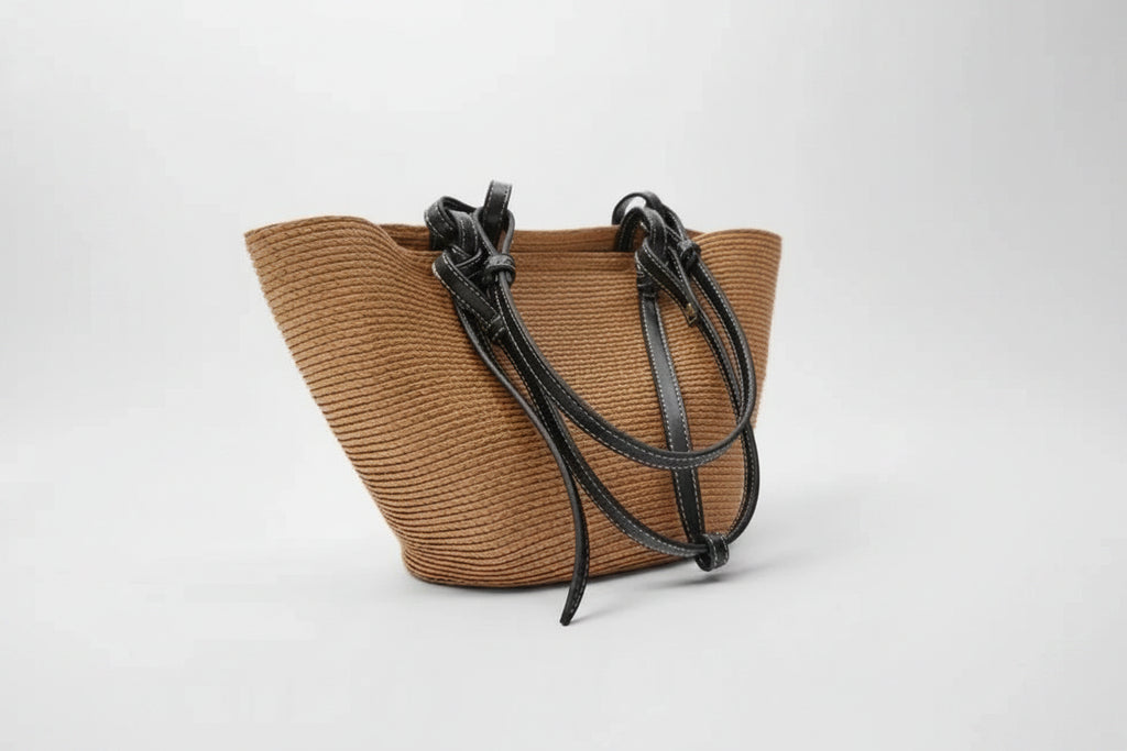 Brown woven handbag with black straps on a light gray background
