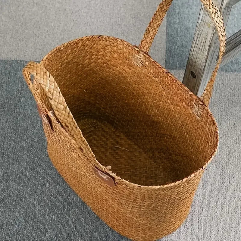 Brown woven basket on a gray surface