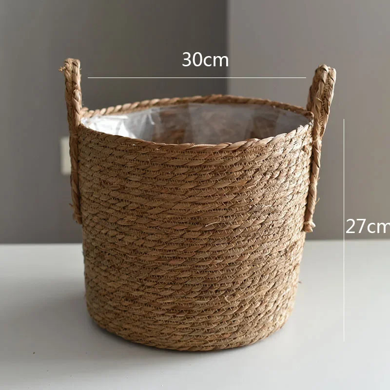 Woven basket with dimensions labeled on a plain background