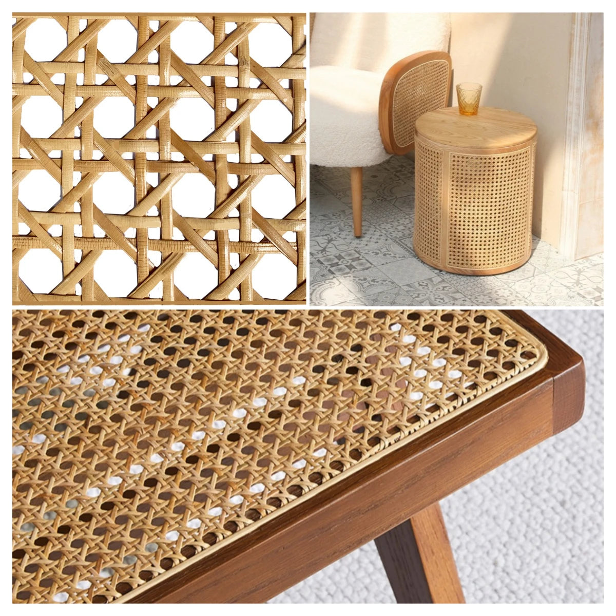 Collage of woven rattan patterns on furniture including a wall panel, stool, and table.