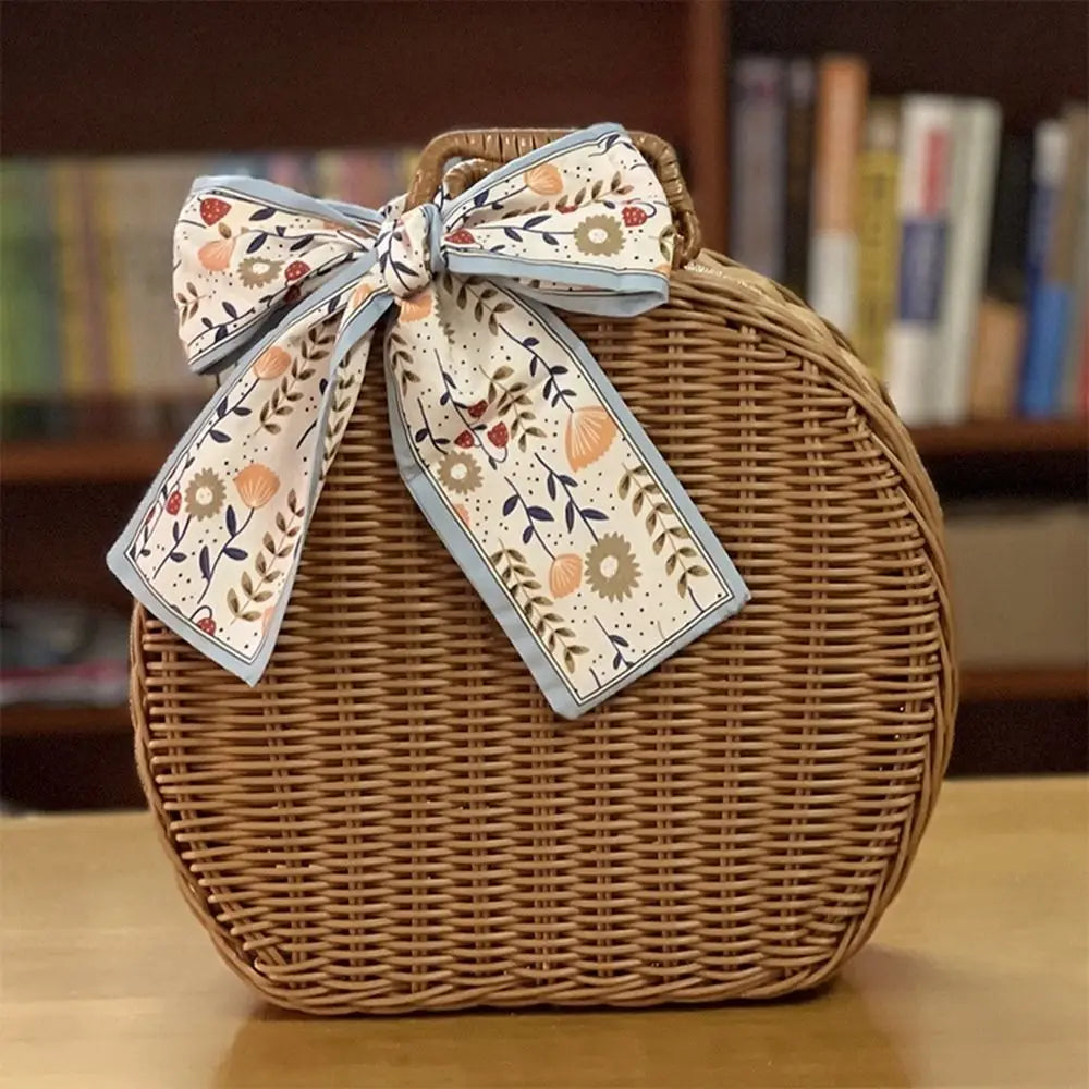 Wicker handbag with a decorative bow on a wooden surface