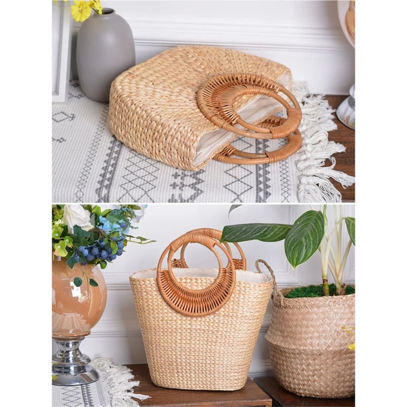 Two woven straw tote bags with round natural wood handles, shown in a split lifestyle scene. The top half shows one bag on a patterned rug next to a gray vase.