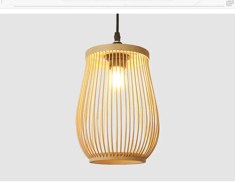 Woven pendant light with a warm glow on a white background