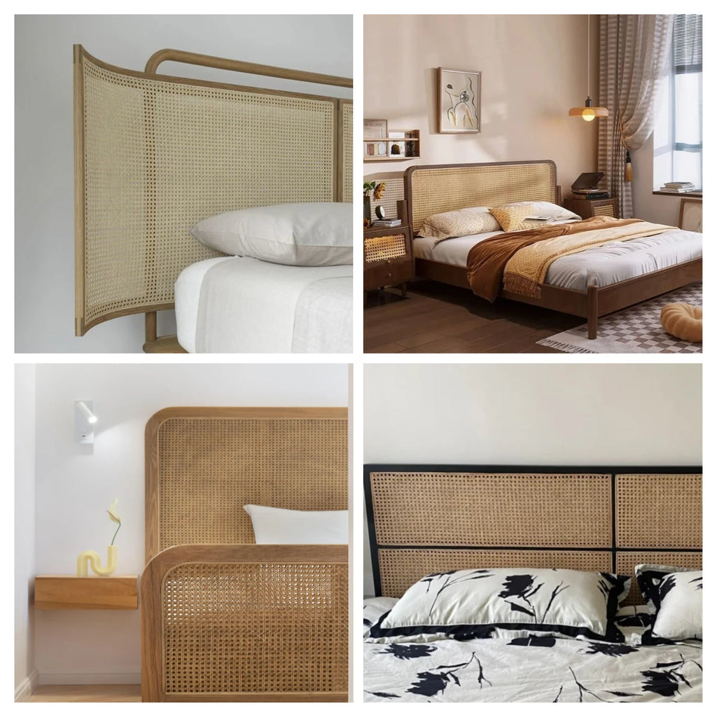 Collage of four images featuring wicker headboards made of rattan in various bedroom settings.