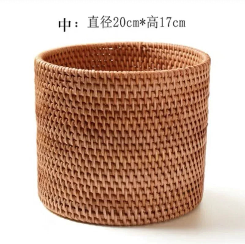 Brown woven basket with dimensions on a white background
