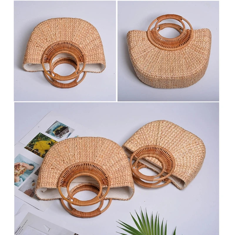 A woven straw handbag shown in four views: two clean studio shots at the top and two styled flat-lay shots at the bottom. The bag has a curved fan shape, natural tan straw body, and a circular wicker handle.