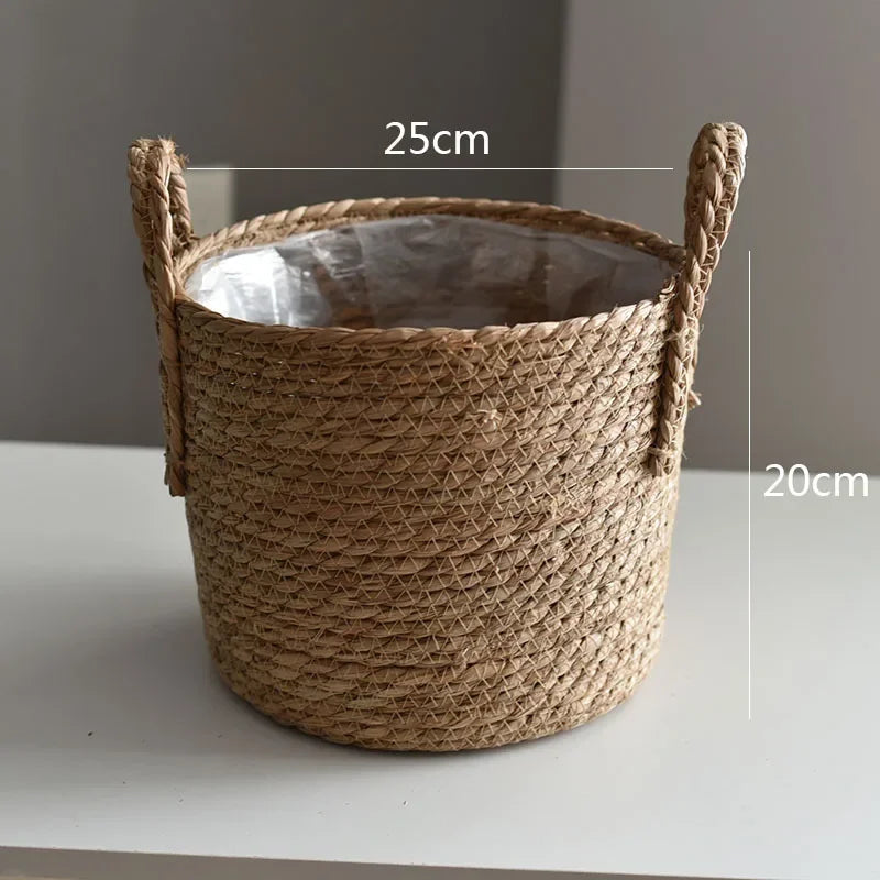 Woven basket with dimensions labeled on a plain background