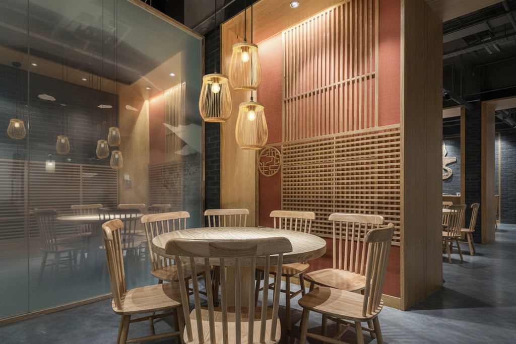 Modern restaurant interior with round table and chairs, decorative wall panels, and hanging lights.