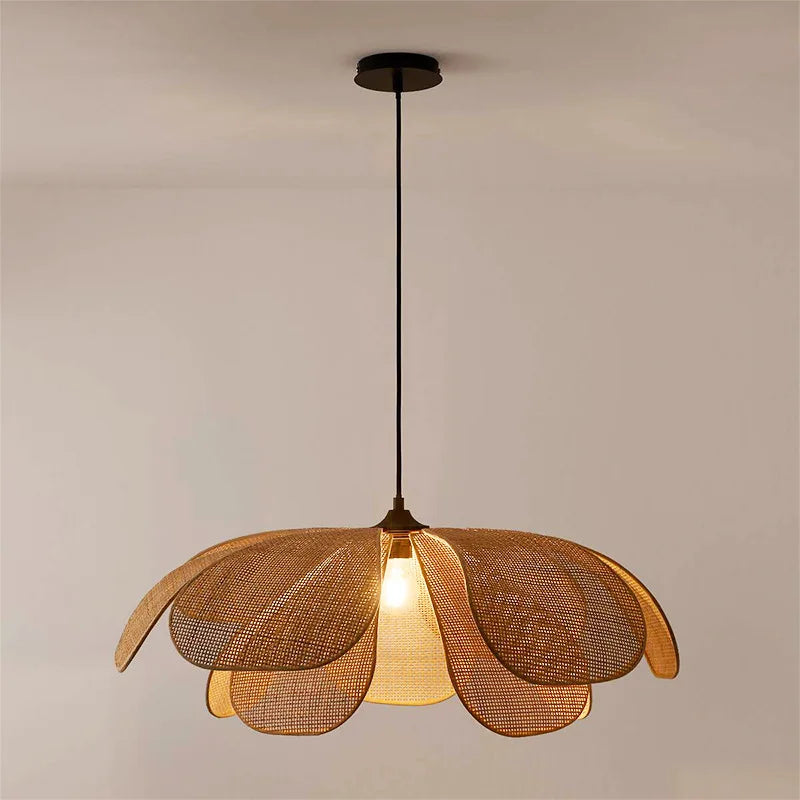 Decorative pendant light with a mesh design on a plain background, woven rattan
