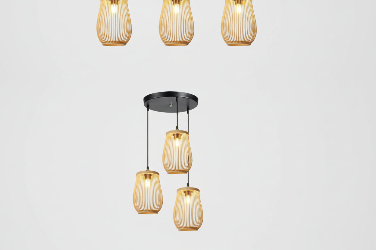 Three pendant lights with woven designs on a white background