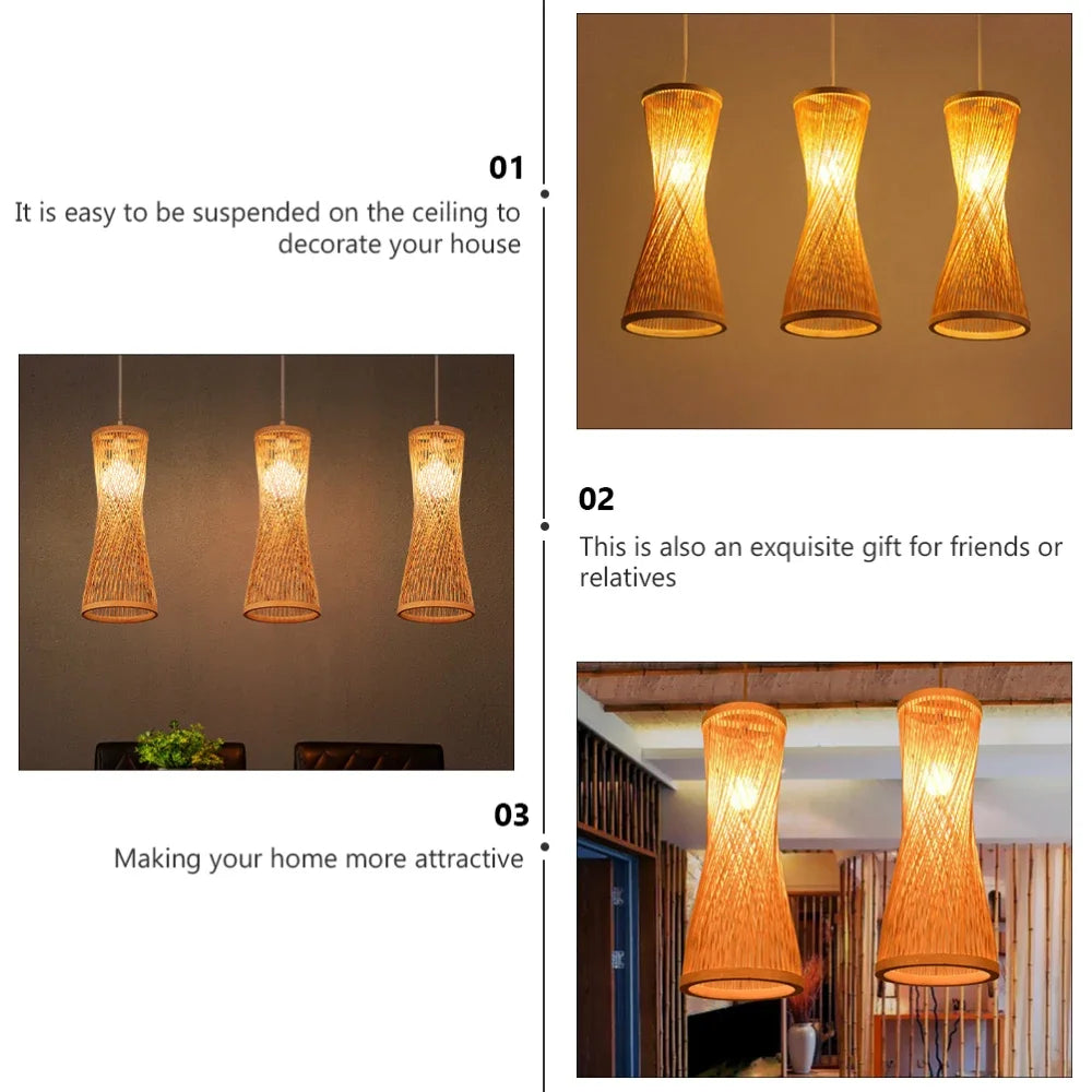 Three woven pendant lights with text describing their use and benefits.