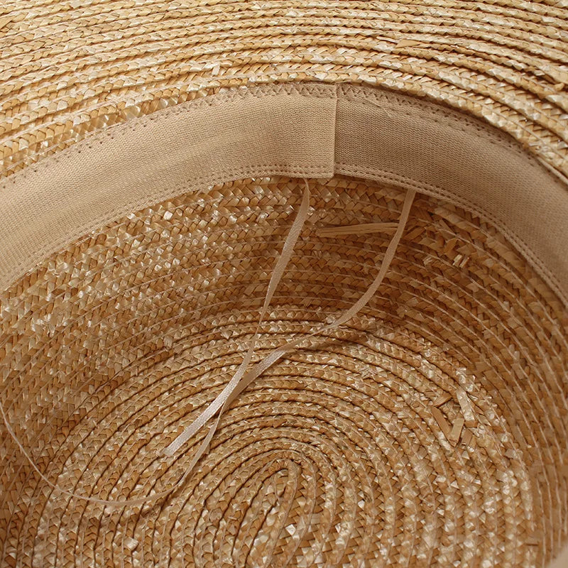 Close-up of a straw hat with a focus on the texture and band.