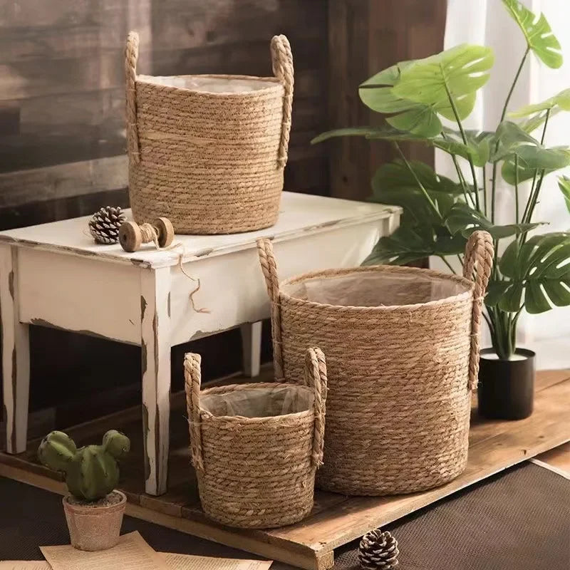 Three woven baskets of different sizes on a wooden surface with a plant and small cactus in the background.