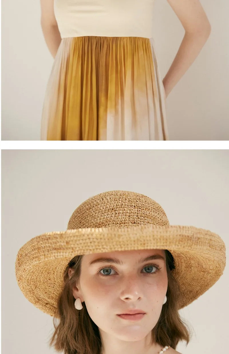 Top: Person wearing a beige dress with a pleated skirt. Bottom: Close-up of a person wearing a straw hat.