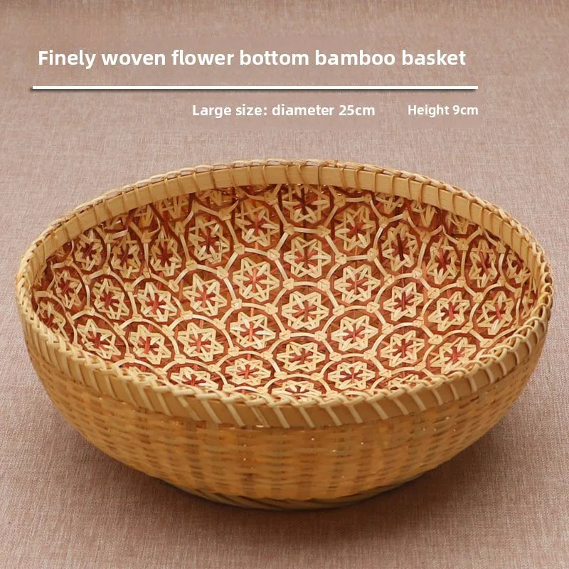 Finely woven flower bottom bamboo basket on a beige background