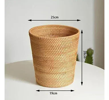 Woven basket with dimensions labeled on a white background