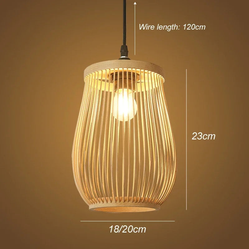 Wooden pendant light with dimensions on a brown background