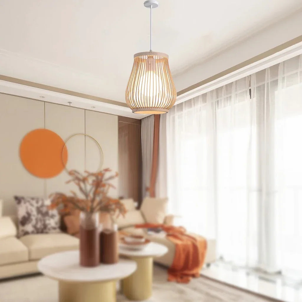 Modern living room with a pendant light, sofa, and decorative elements.