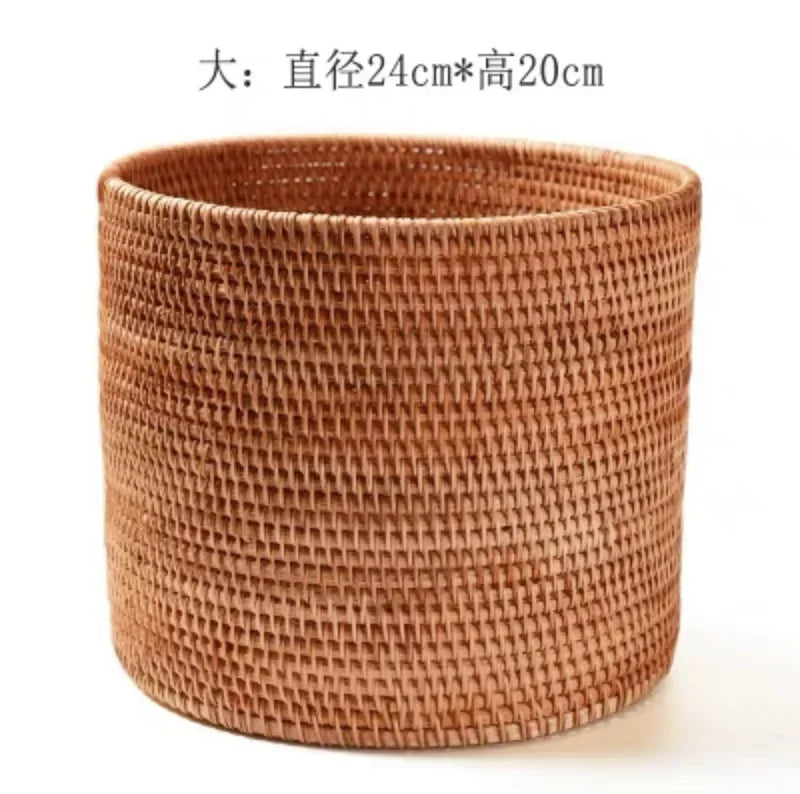 Brown woven basket with dimensions on a white background
