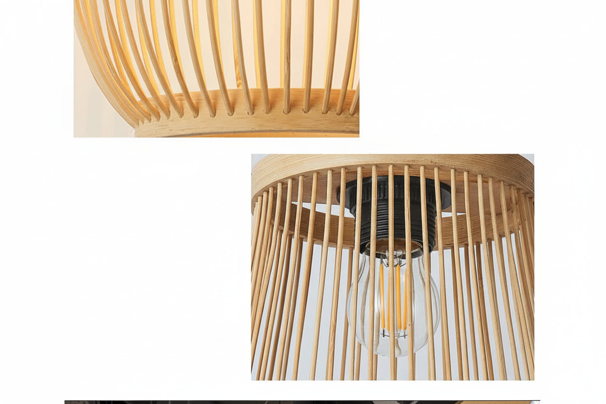 Wooden lampshade with text on a black background