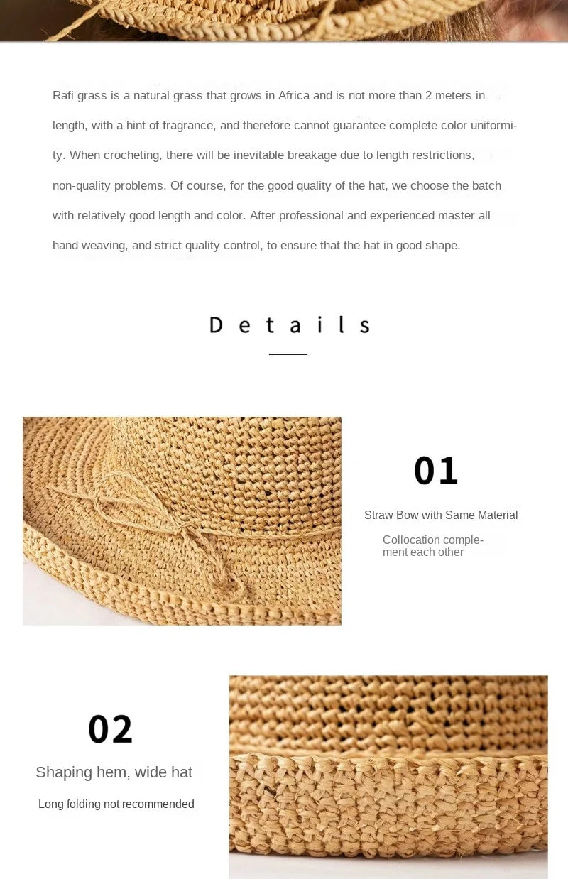 Woven hat with text detailing its features and care instructions.