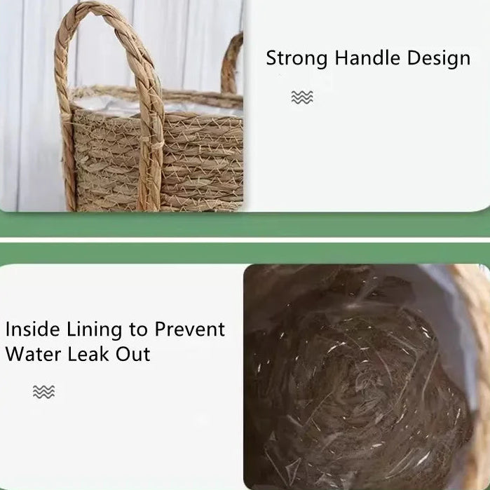 Wicker basket with handle and lining details on a green background