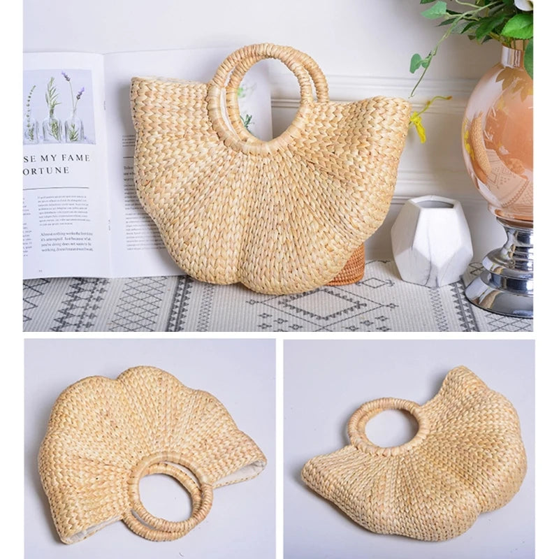 A woven straw handbag with a scalloped fan shape and a circular top handle, shown in a three-panel collage on a light background with decorative props.