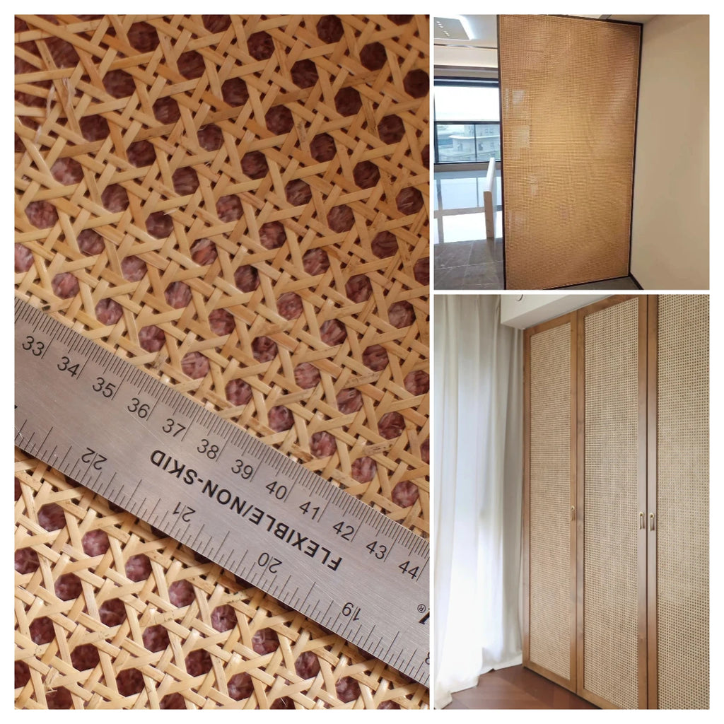 Collage of woven material with a ruler, a door with the material applied, and a wardrobe made of rattan webbing