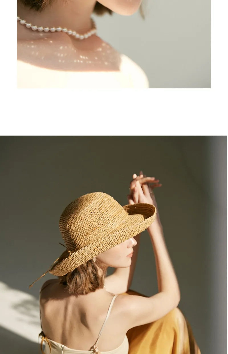 Woman wearing a straw hat against a neutral background