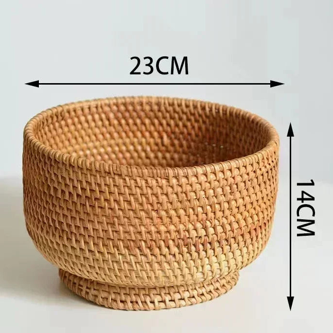 Woven bowl with dimensions labeled on a white background