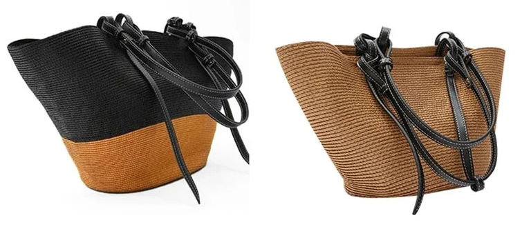 Two woven bucket-style handbags shown side by side on a white background. The left bag is black on top with a tan base, and the right bag is tan on top with a black base.