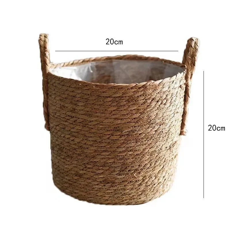 Woven basket with handles and dimensions on a white background