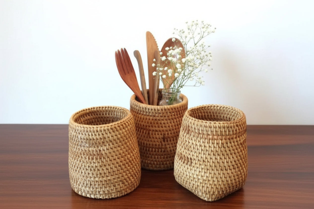 Three woven baskets with wooden utensils on a wooden surface.