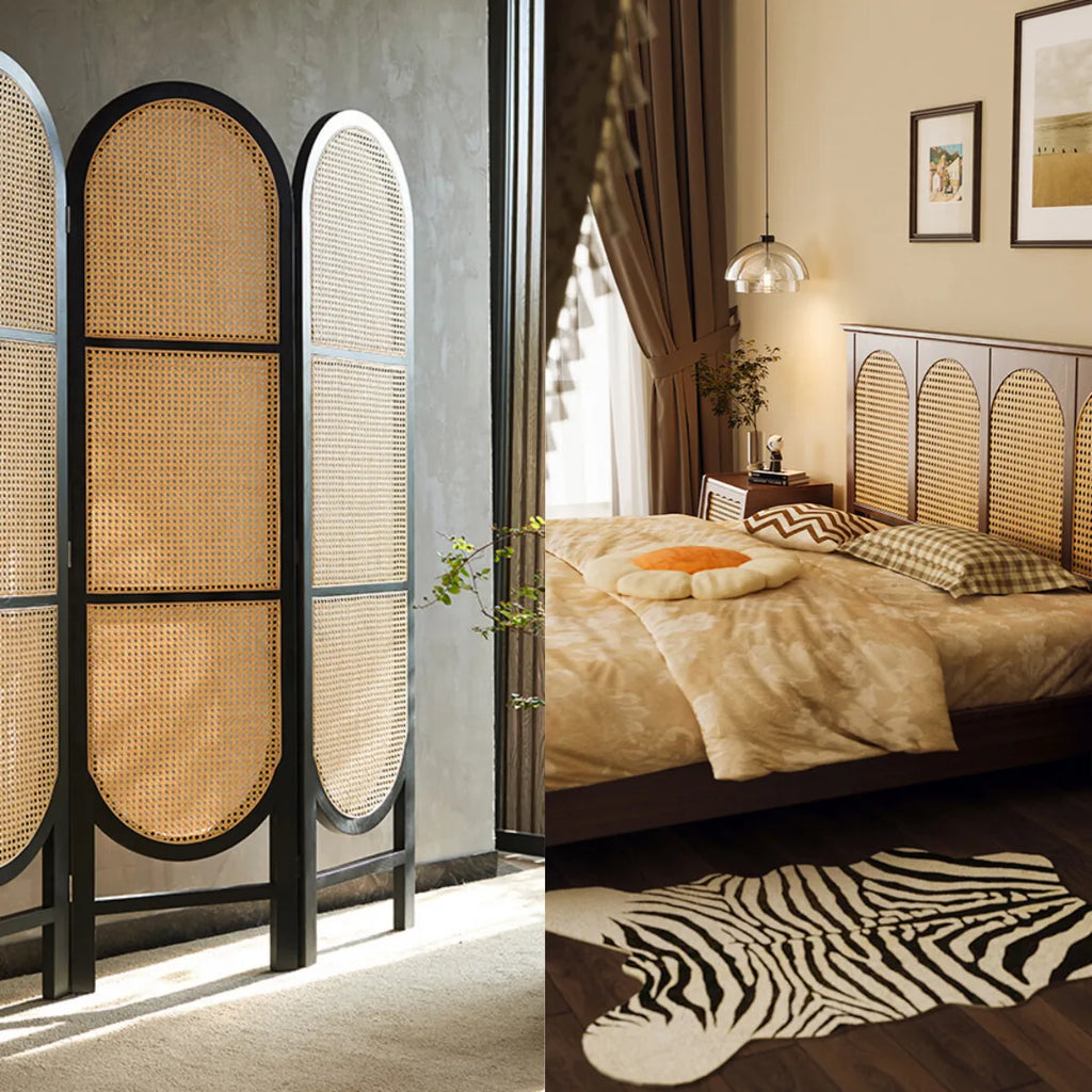 Room divider with woven design next to a bedroom with a zebra print rug and woven rattan eb accent design