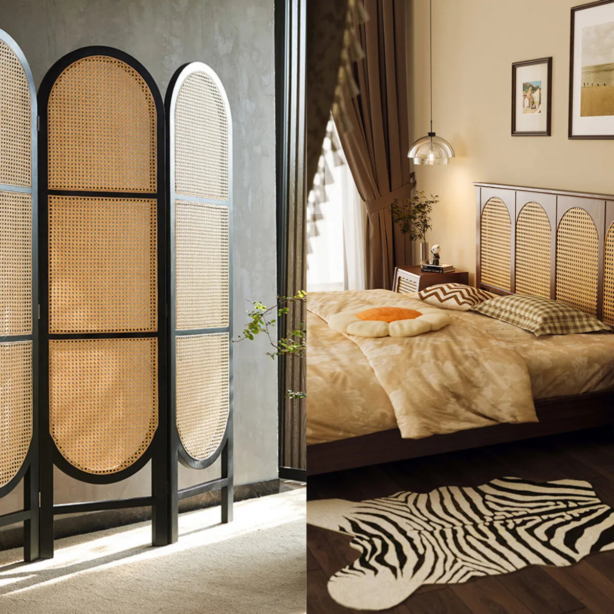 Room divider with woven design next to a bedroom with a zebra print rug and woven rattan eb accent design