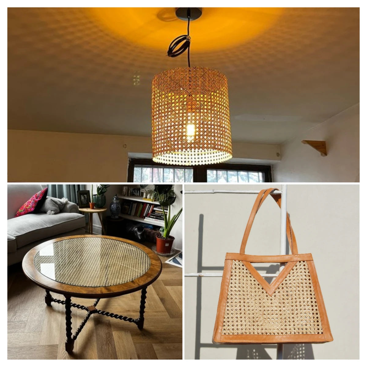 Collage of a woven pendant light, round wooden table, and wicker handbag with rattan webbing