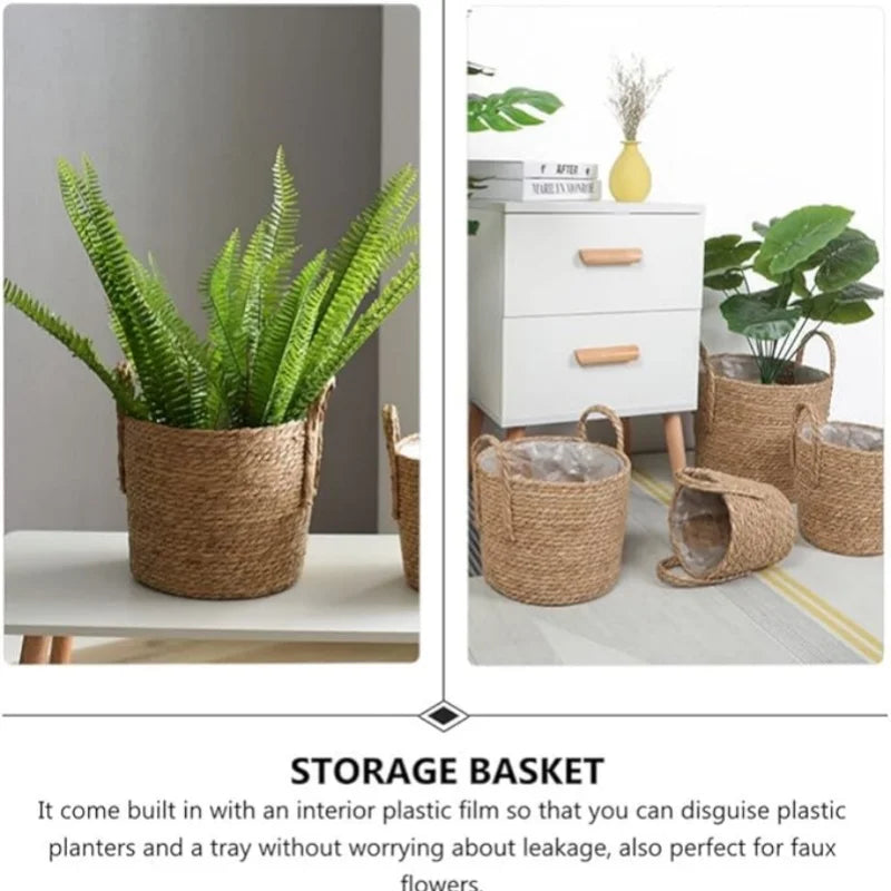 Storage basket with plants and decor items on a white surface and floor.