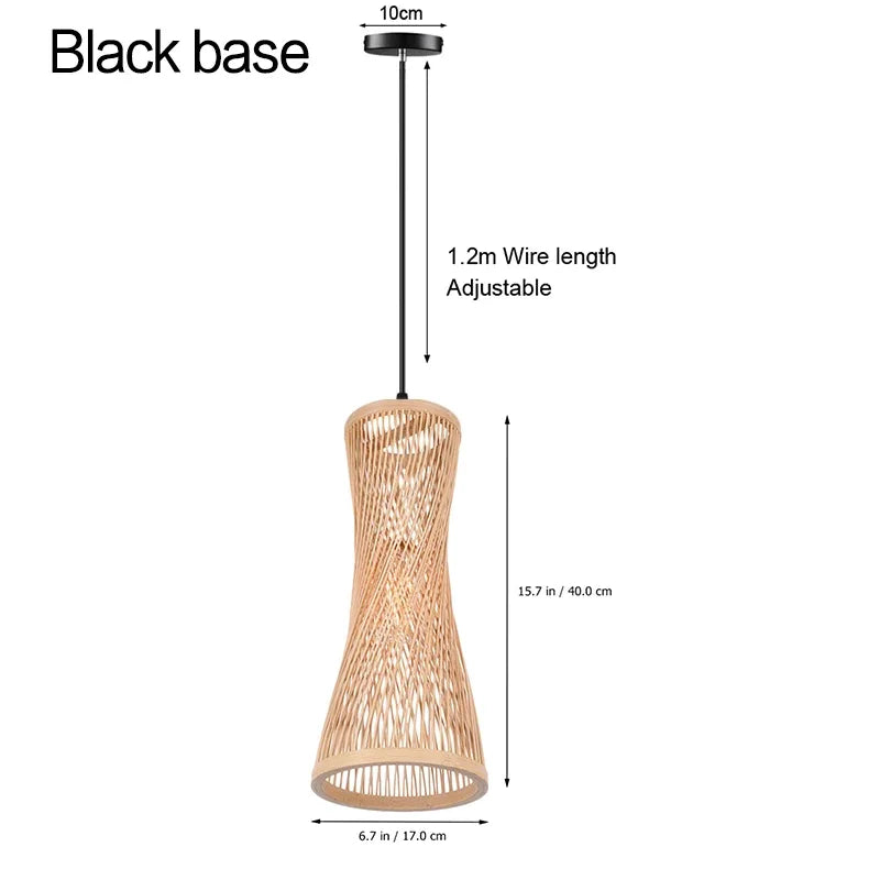Woven pendant light with black base and measurements on a white background