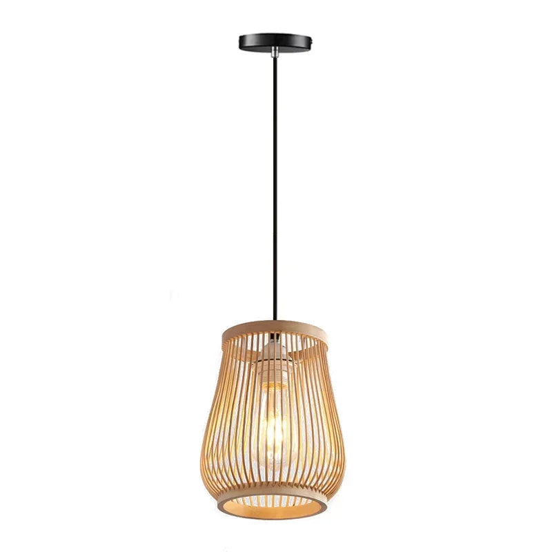 Pendant light with wooden cage shade on a white background