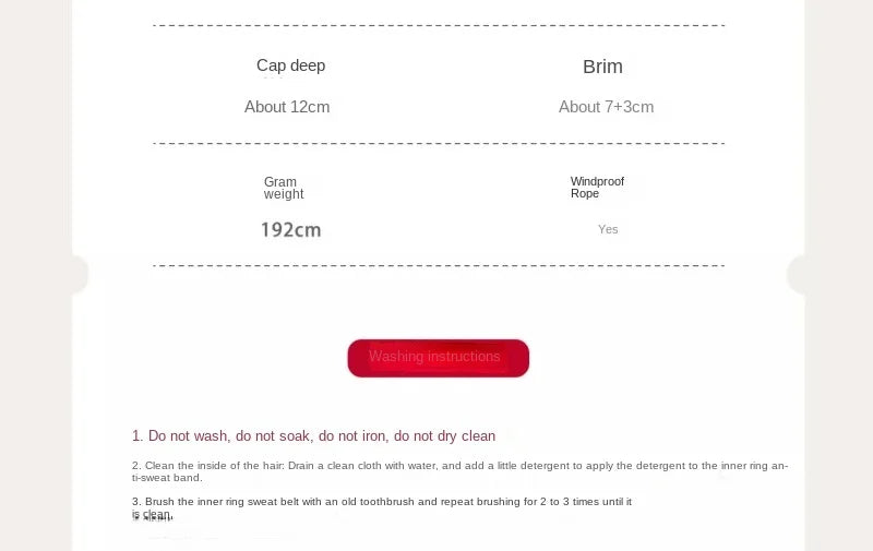 Product specifications table with dimensions and care instructions on a light gray background