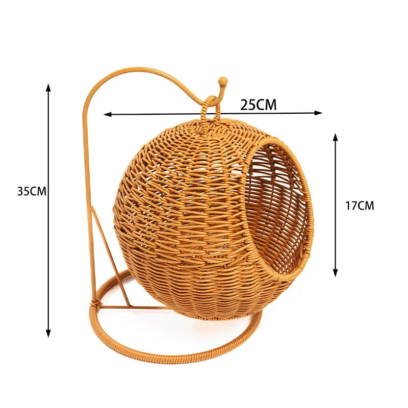 Wicker cat hammock with dimensions on a white background